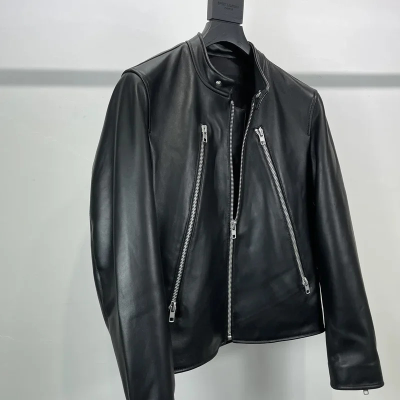 Mens leather jacket short sleeved stand up collar Haining sheepskin jacket autumn and winter leather jacket 241011