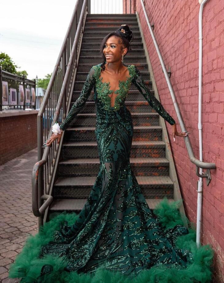 Sparkly Hunter Green Mermaid Evening Dresses for Black Girl Luxury Crystal Applique Long Sleeve Prom Birthday Gala Gown Sheer