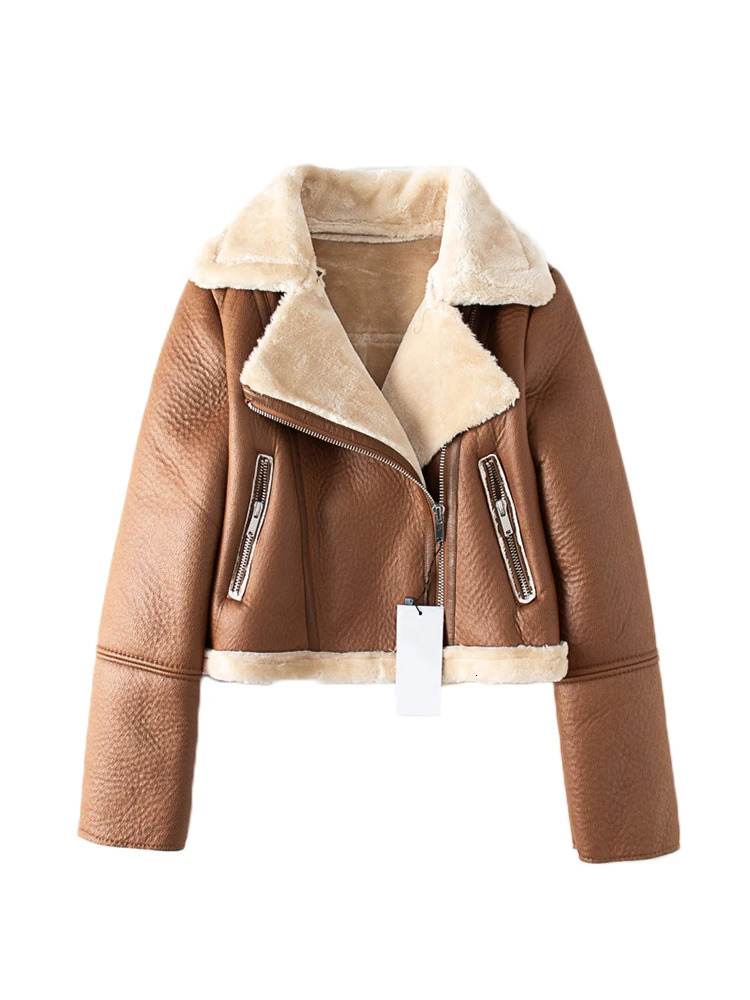 Streetwear Women Thick Warm Faux Leather Fur Short Jacket Autumn Winter Female Zipper Moto Biker Coat Outwear Tops 240930