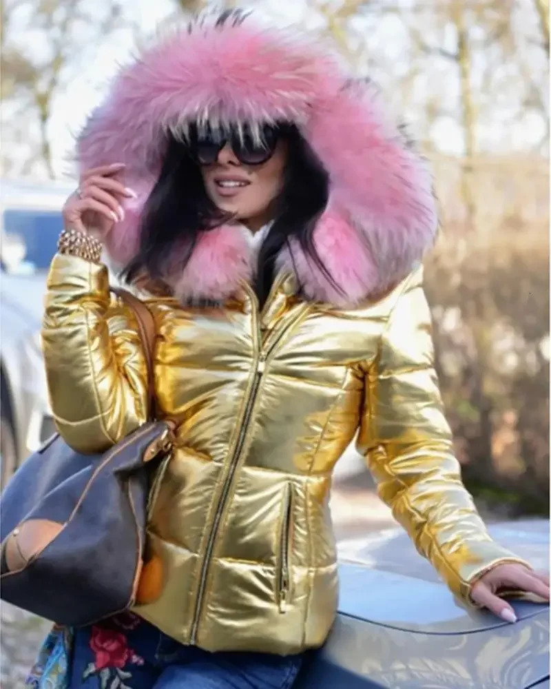 2023 Hood Solid Color Fur Hooded Jacket Autumn Winter Womens CottonPadded Down Short Parka Coat Fashion Casual 241009