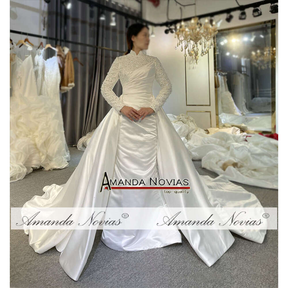Muslim Satin Wedding Dress 2 in 1 Skirt Off The Shoulder Sequins New Design Wedding Dress Mermaid Strapless