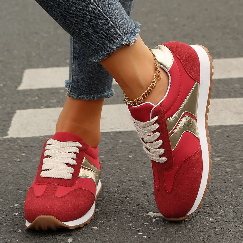 Autumn Fashion Lace Up Women Flat Casual Comfortable Walking Shoes Woman Lightweight Non Slip Red Sneakers Plus Size 43