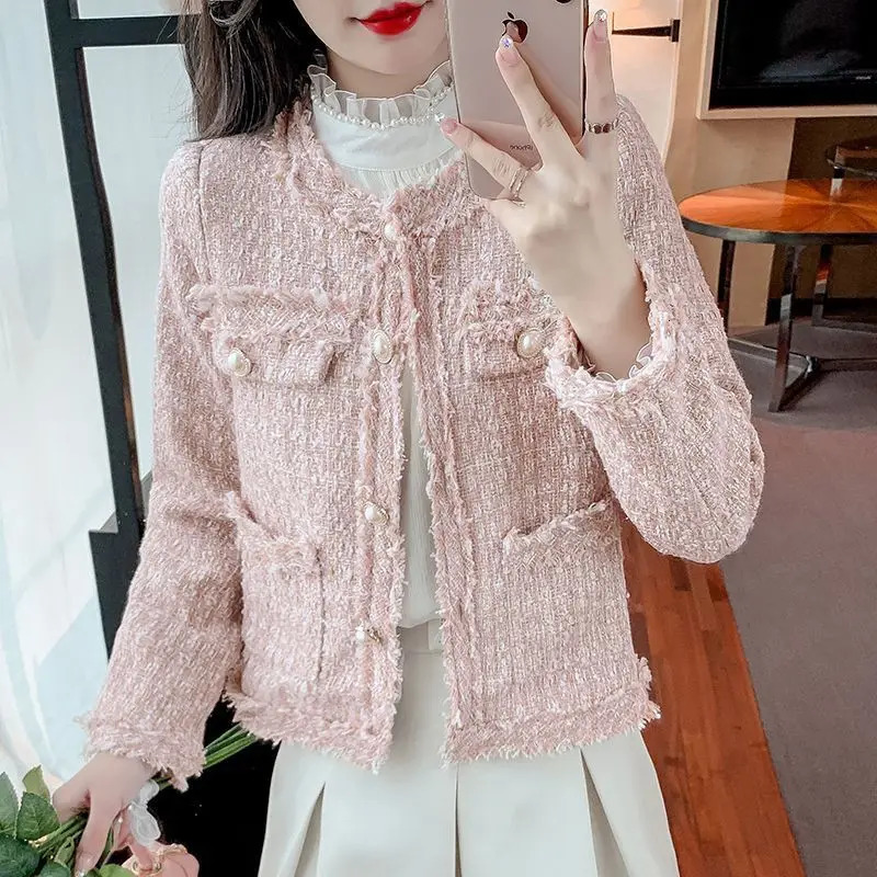Womens clothing round neck long sleeved wool coat single breasted tweed jacket Korean fashion crop top spring and autumn coat 240930