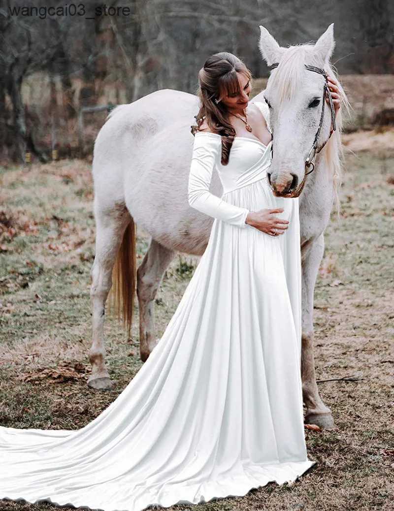 Maternity Dresses Long Tail Maternity Dresses Photography Props V-Neck Maxi Gown Cotton Dress Pregnant Women Pregnancy Autumn Photo Shoot Clothes L240