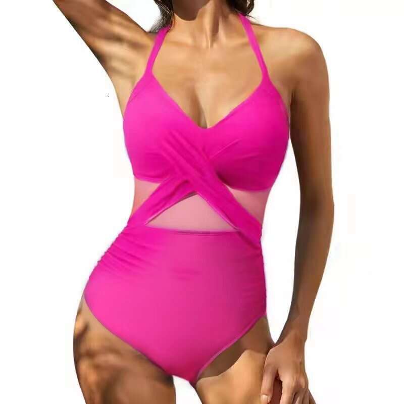 2023 New Swimsuit Cross Style Sexy Open Back Mesh Splicing One Piece Bikini Women