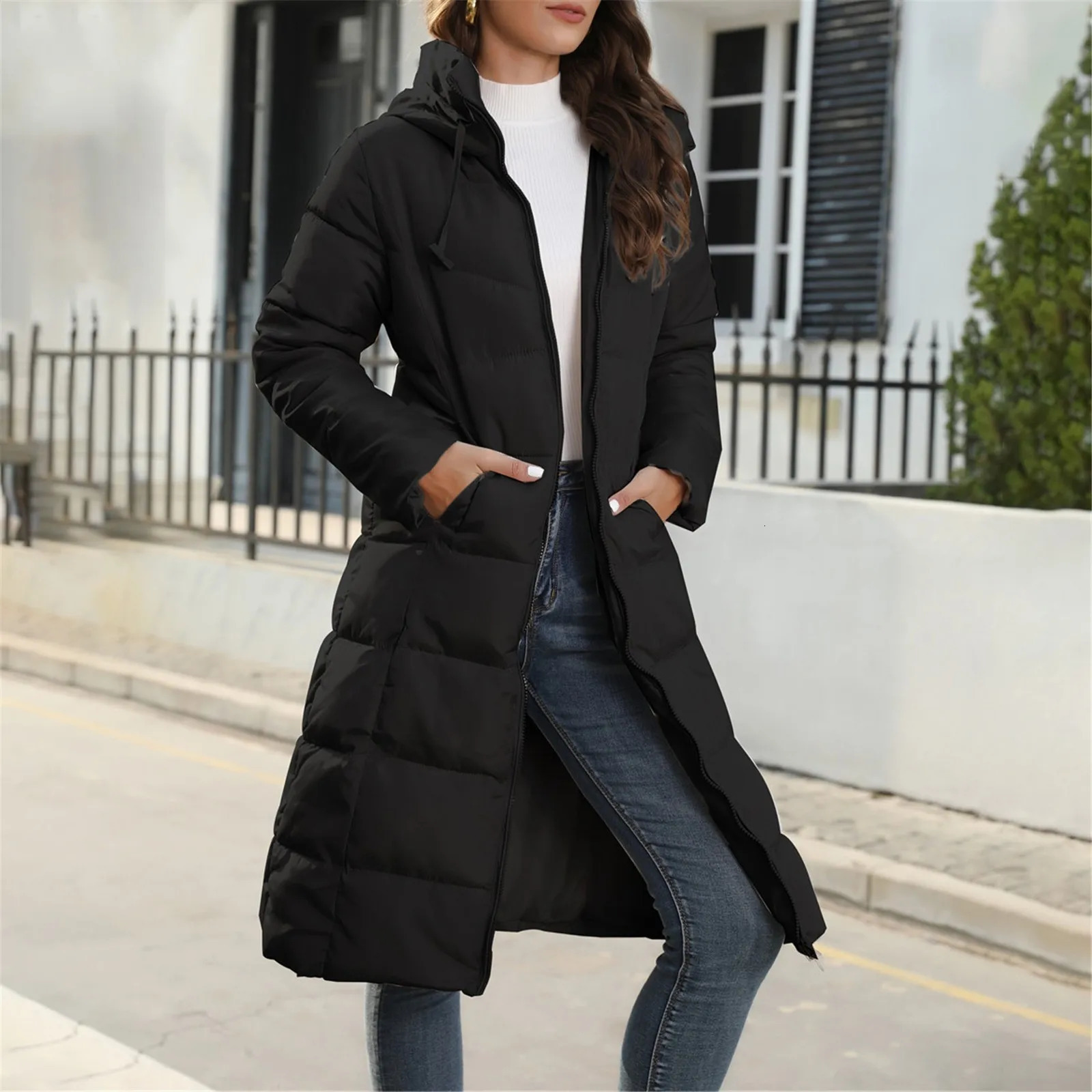 Womens winter coat hooded mid length down jacket ultra-thin suitable for cotton pad jacket large size lightweight warm cotton jacket 3 colors 241011