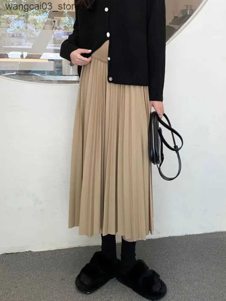 Maternity Dresses 2023 Autumn Winter Pleated Thick Warm Maternity Skirts Elastic Waist Belly Casual Clothes for Pregnant Women Pregnancy vestidos L240