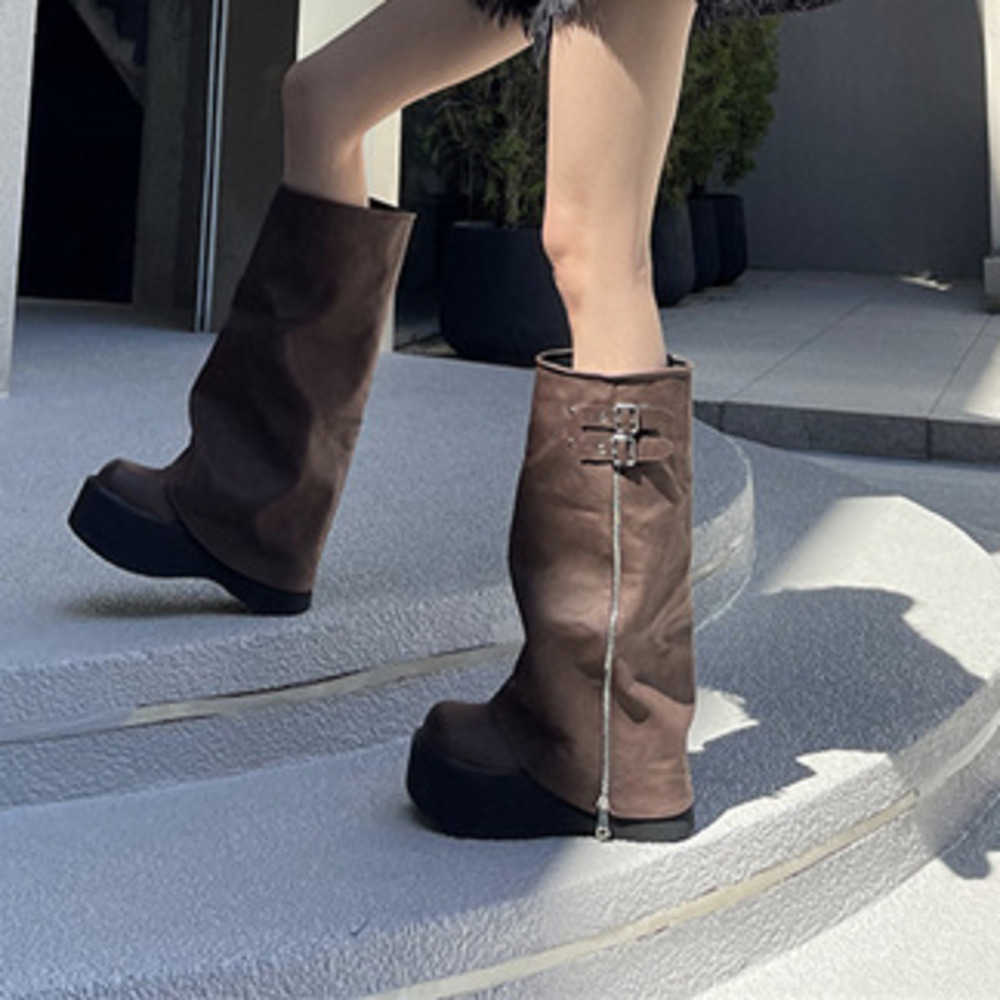 Fishing Thigh High Heel Boots Leather For Women Thick Soled Fashion Boots Model Knee Length Martin Boots Short Bottom Knight Boots 240826