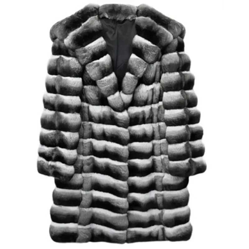 Womens faux fur coat hooded coat thick and warm elegant splicing autumn and winter 2024 striped mid length jacket casual open seam W241010