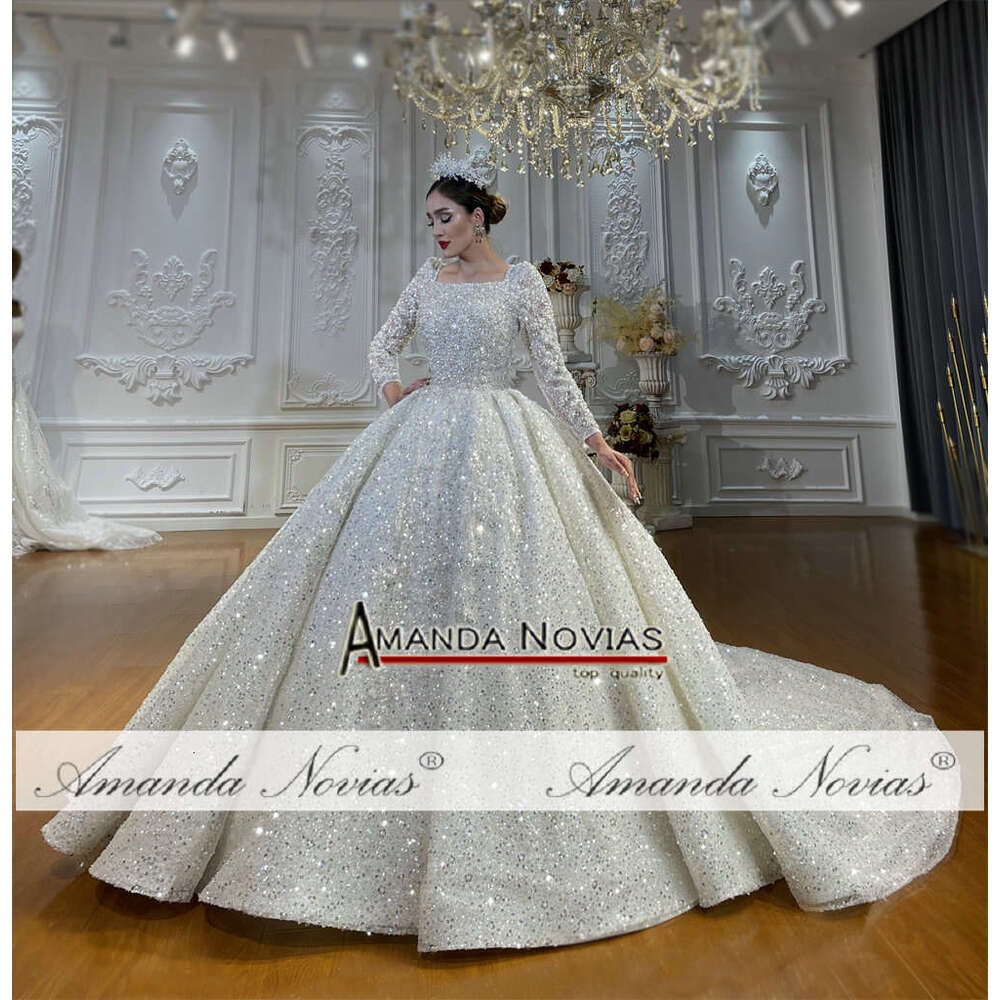 Custom made Muslim Square Sequins Shiny Wedding Dress Sequined Detachable Train Sleeveless Princess Bride Vestido De Noiva Custom Made