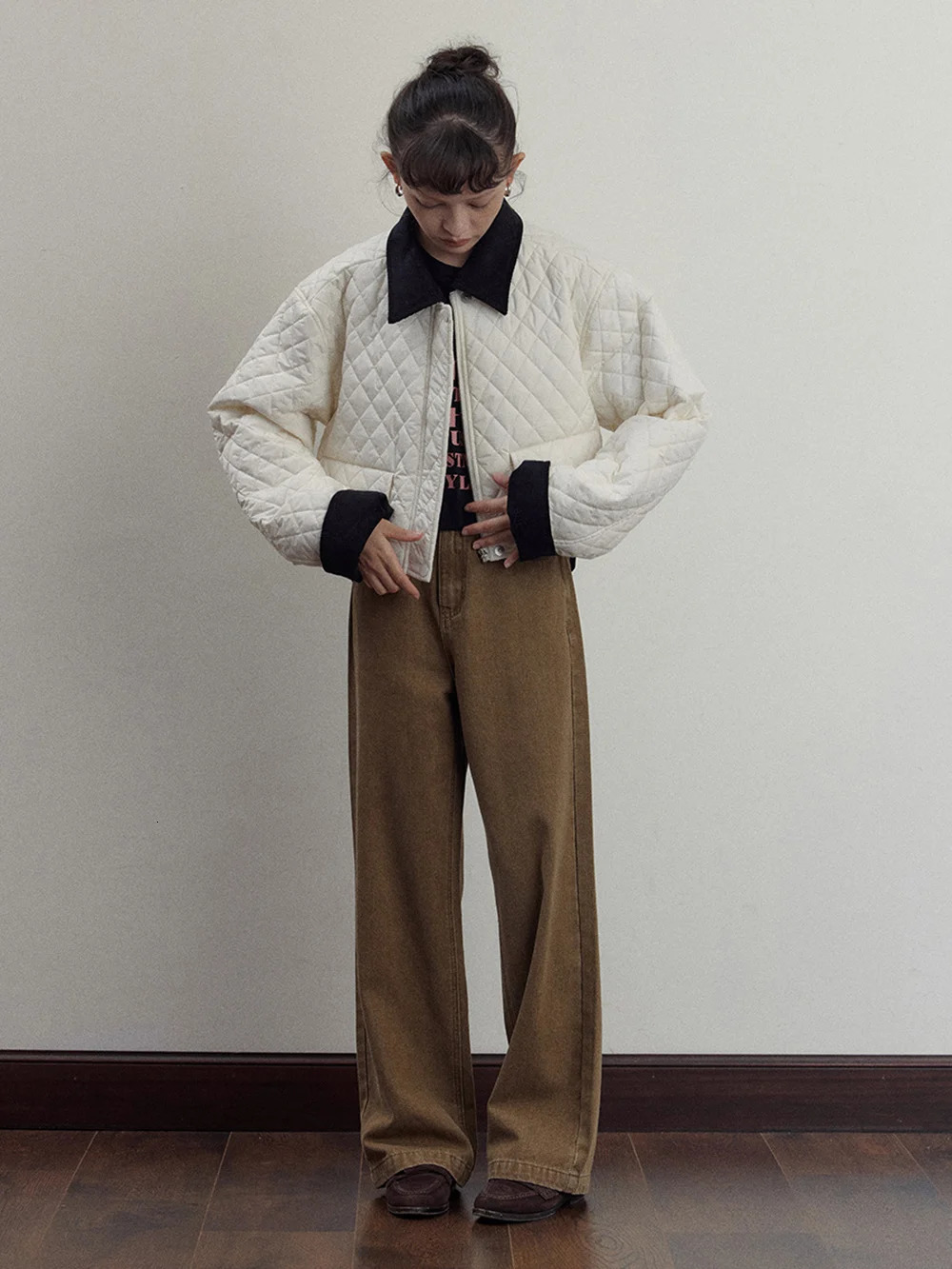 Women Lapel Short Cotton Jacket Corduroy Collar Contrast Color Plaid Quilted Lady LongSleeve SingleBreasted Autumn 240930