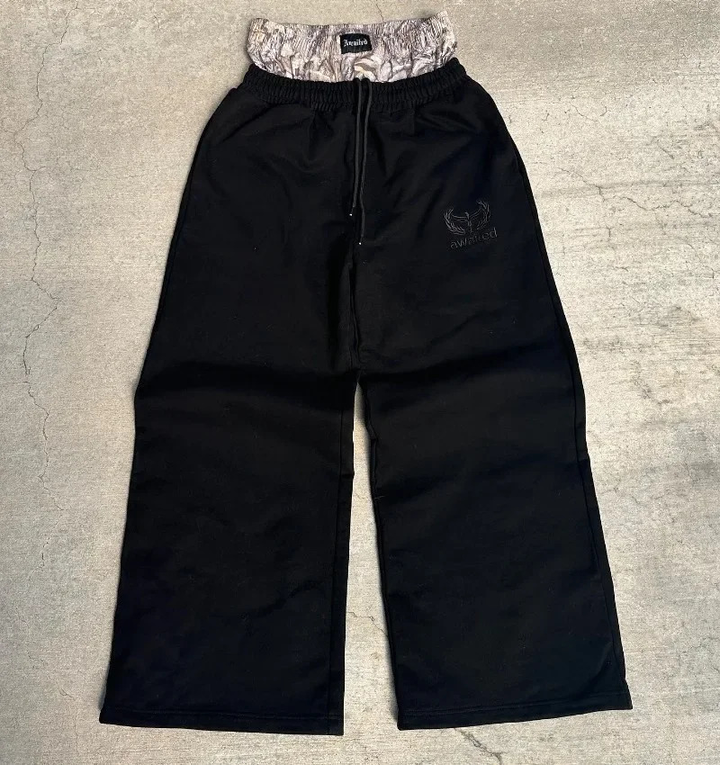 Y2K Harajuku Camouflage Embroidered Double Waist Sports Pants Hip Hop High Waist Wide Leg Pants for American Street Retro 240930