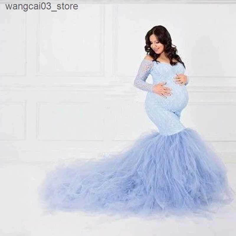 Maternity Dresses Sexy Lace Shoulderless Pregnancy Dress Photography Props Maxi Gown splice Mesh Maternity Dresses For Photo Shoot Clothes L240910