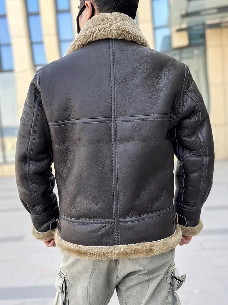 Winter genuine leather Pilot jacket with warm wool lining and wool short jacket for street wear mens genuine leather motorcycle jacket size 5XL 6XL 24