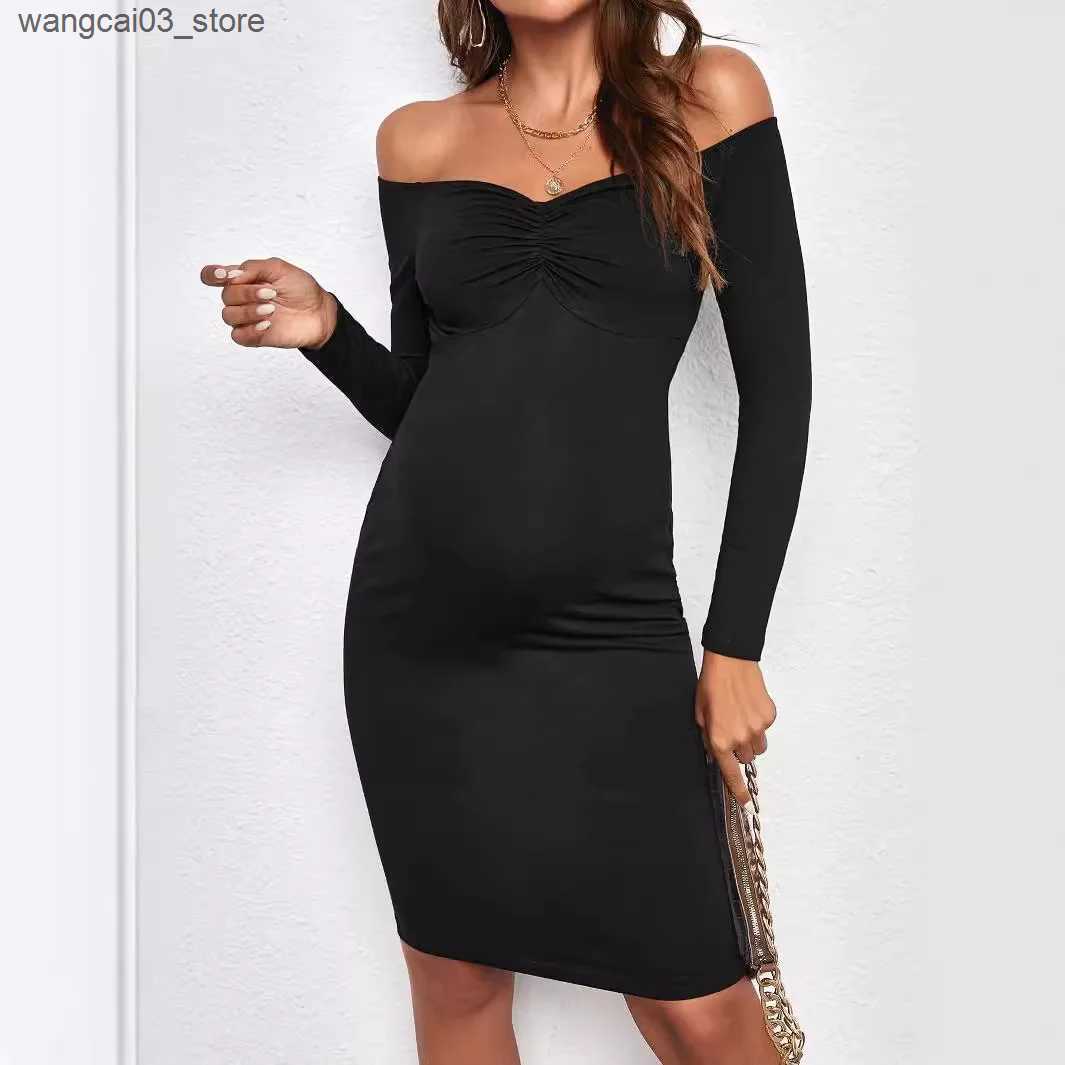 Maternity Dresses Pregnant Woman Off Shoulder Pleated Long Sleeve Jumpsuit Dress Summer American Elegant Fashion Clothes For Pregnant Maternity L24091