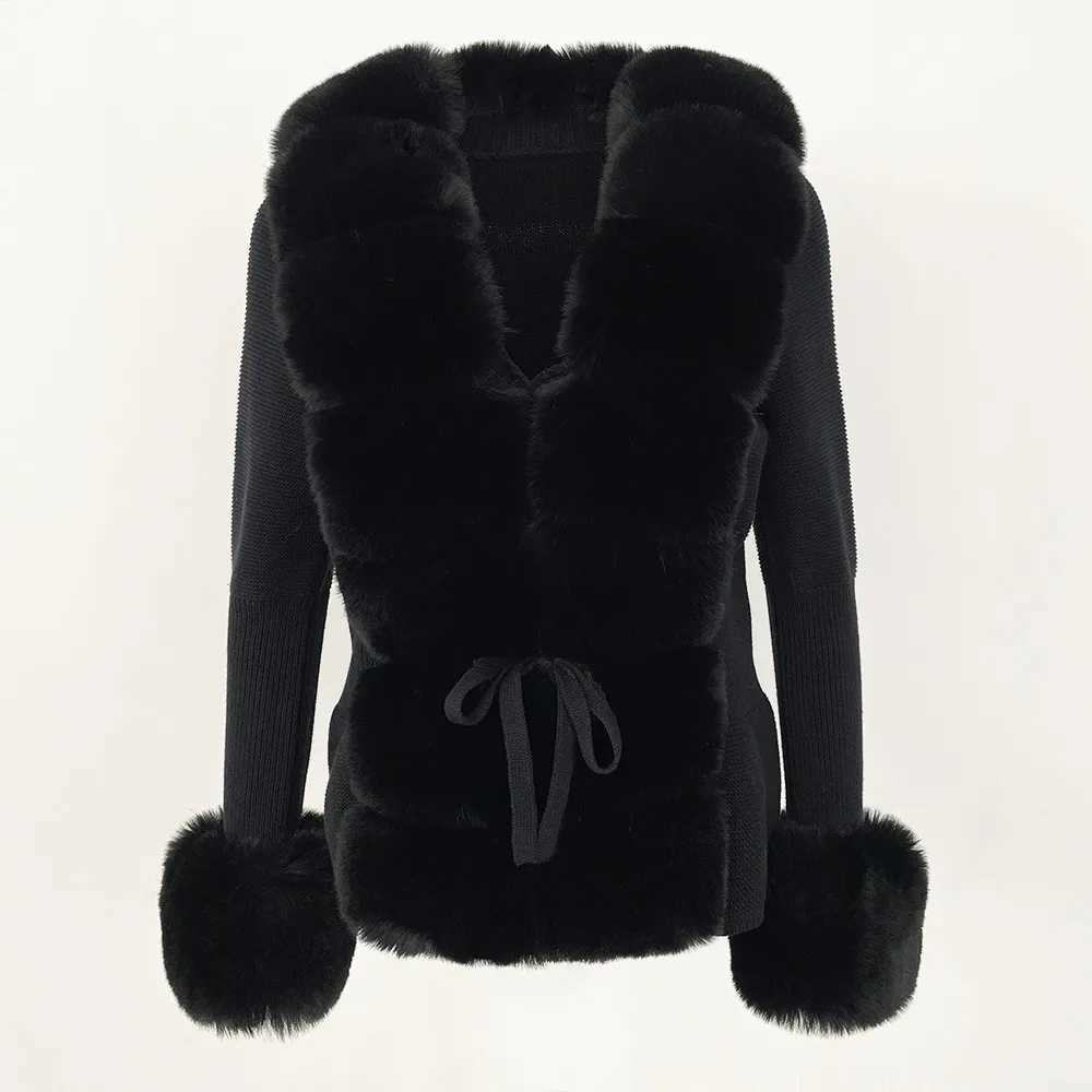 Artificial fur coat luxury patch work knit sweater bandage fur cardigan detachable collar jacket autumn and winter womens artificial fur coat Y241011