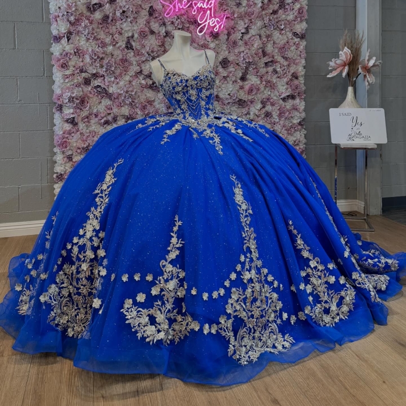 Royal Blue Shiny Quinceanera Dresses Sweetheart Applique Lace Beads Tull Spaghetti Strap Princess Birthday Party Vestidos de 15 anos