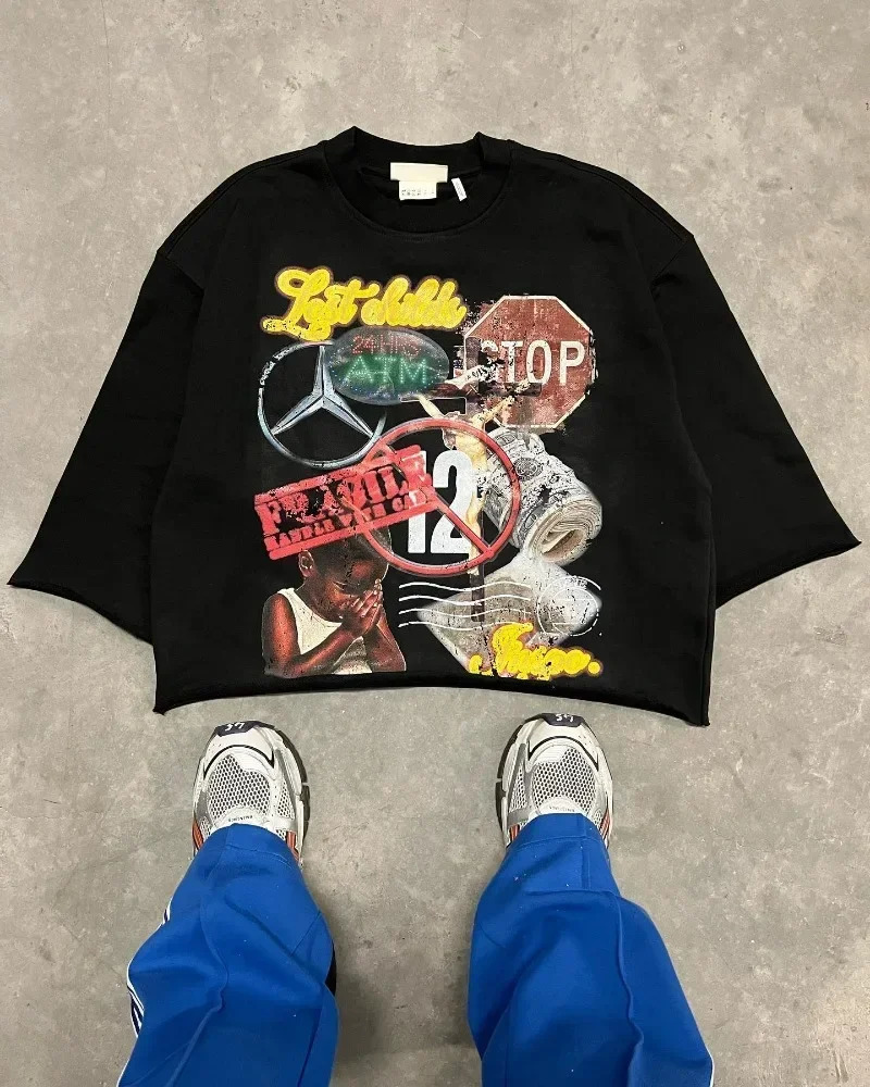 Y2k High Street Retro Anime Cartoon Letter Printing Super Large Mens Tshirt Harajuku Trend Fashion Loose Couple 241011