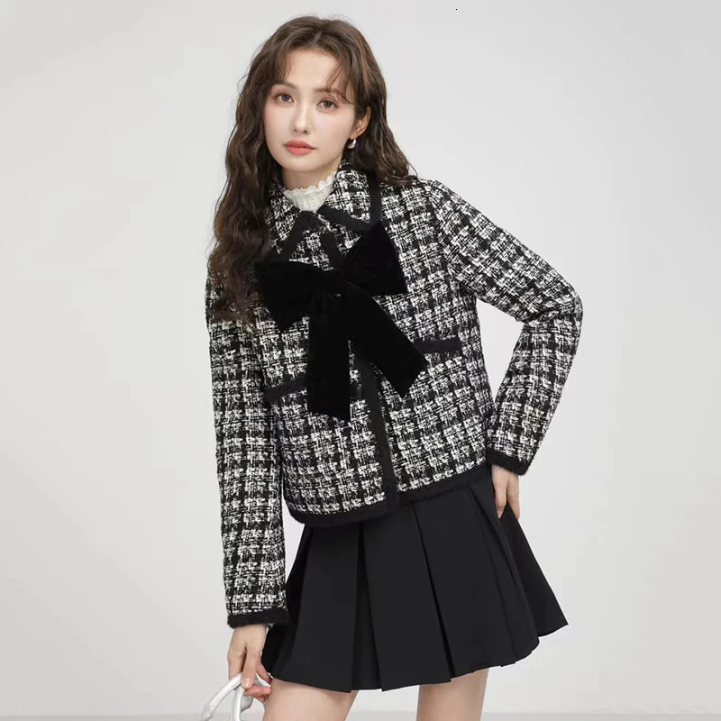 Vintage bow tweed jacket womens autumn Korean elegant single chest lapel jacket Y2K womens winter thick warm crop jacket 240930