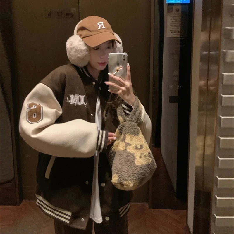 Y2k school team bomber jacket womens red brown Korean fashion winter jacket retro baseball jacket hip-hop streetwear 241011