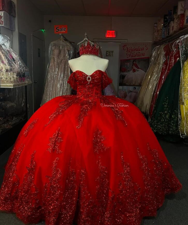 Sparkly Red Princess Quinceanera Dresses 2025 Off Shoulder Gillter Luxury Applique Bow Corset Lace-up vestido de 15 quinceanera
