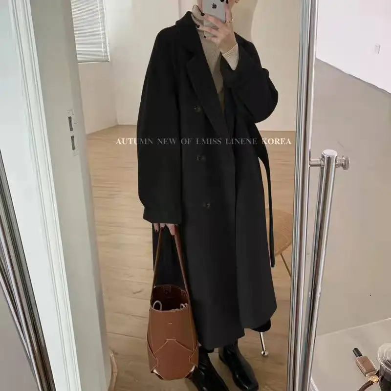 Blend Mid Length Wool Coats Splice Korean Jackets Turn Down Collar Full Sleeve Double Breasted Thick Autumn Winter 240930