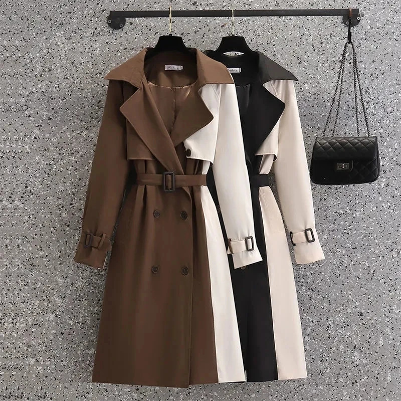2024 Autumn Korean Mid-length Trench Coat Women Fashion Contrast Color Patchwork Spring Windbreaker Coat Female Windproof Jacket 241008