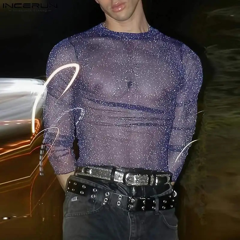 2024 Men T Shirt Mesh Transparent Shiny O-neck Long Sleeve Sexy Camisetas Streetwear Party Fashion Men Clothing S-5XL INCERUN 241011