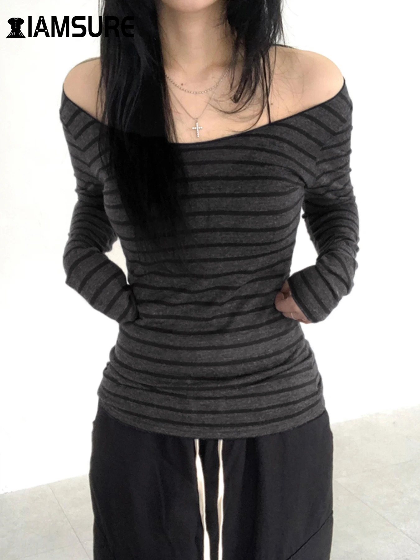 IAMSURE Casual Basic Striped T Shirt Slim O-Neck Long Sleeve Tees Women 2024 Autumn Spring Fashion Streetwear Ladies Underwear 241011