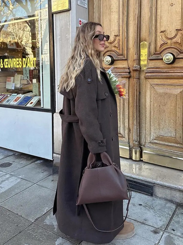 Elegant brown double-layer wool coat with belt womens long sleeved loose collar casual coat autumn warm business coat 241011