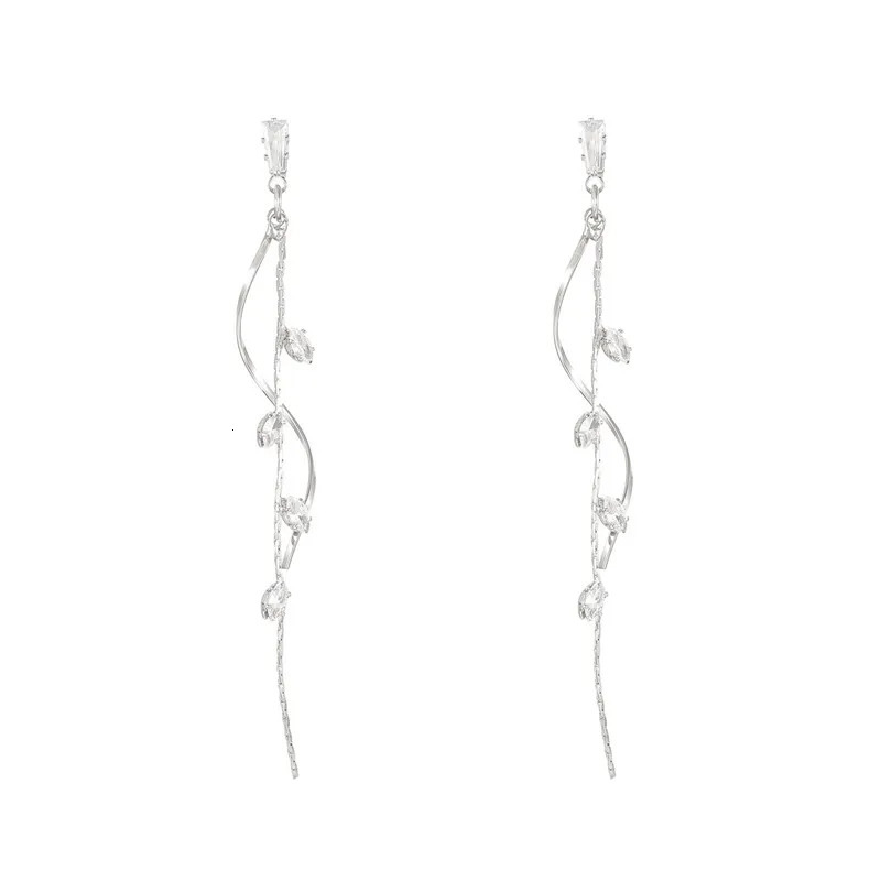 Long Silver Plated Crystal Leaf Tassel Drop Earrings For Women Wedding Fashion Jewelry Gift 240906