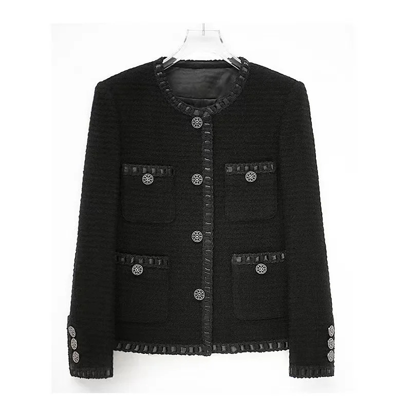 100% Wool Black Tweed Top Fall/Winter Thick Warm Short All Little perfume Jackets 240930