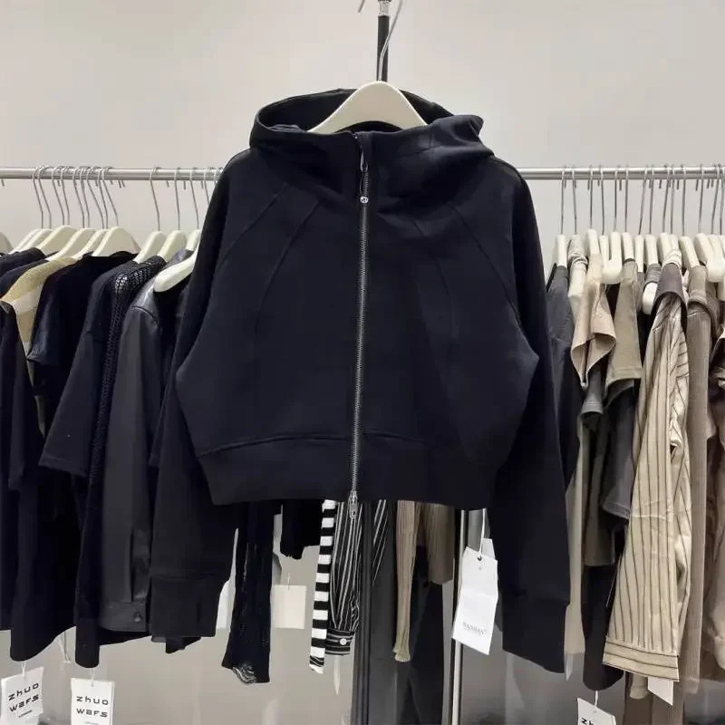 Womens Solid Hoodie Korean Y2k Casual Wild Loose Thin Zipper Short Sweater Top Long Sleeve Coat 241010