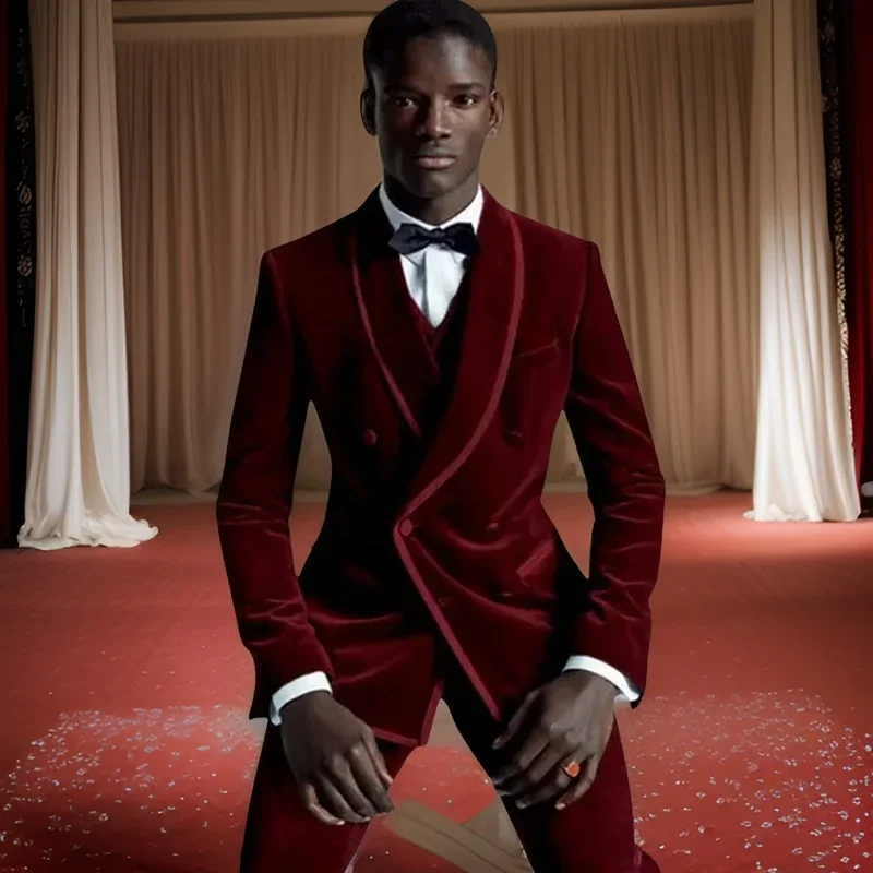 Formal Wedding Suits For Men Double Breasted Groom Blazer Wedding Tuxedo 3 Pcs Smoking Velvet Jacket With Vest Pants 2024