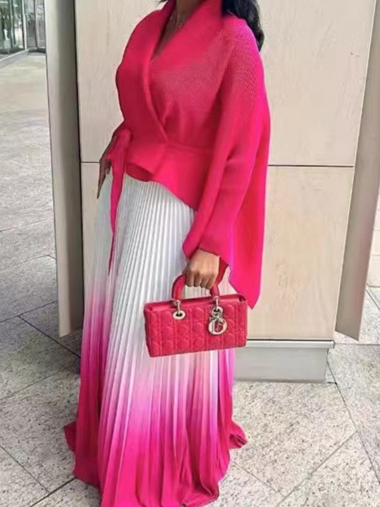 LANMREM Pleated Gradient Two-Piece Set For Women Solid Color Irregular Coat With Elastic Waist Skirts 2024 Autumn New 2Z2501
