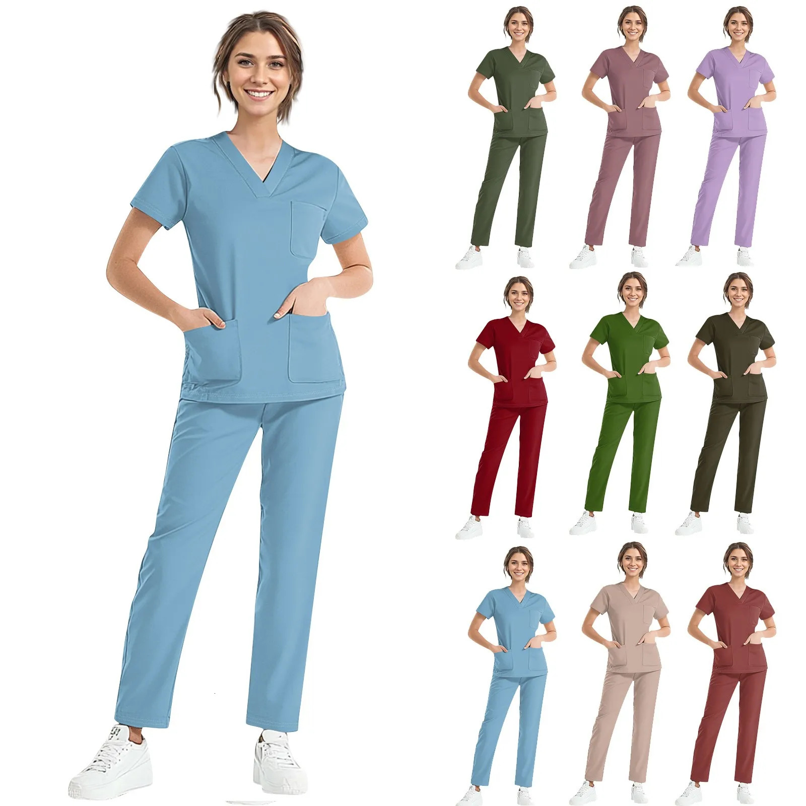 Scrubs Uniform Women Nurse Scrub Set Unisex Pocket Top Zipper Pants 2 Piece Joggers Suits Nursing Operating Room Clothes 241007