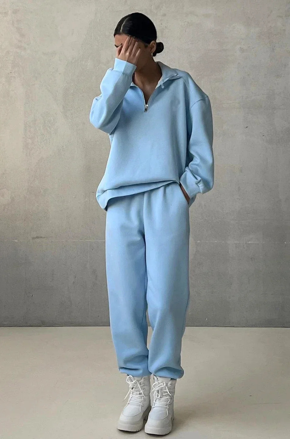 Sports womens warm track and field clothes winter cotton wool twopiece set harem Trouser velvet zipper hooded sweatshirt 241008