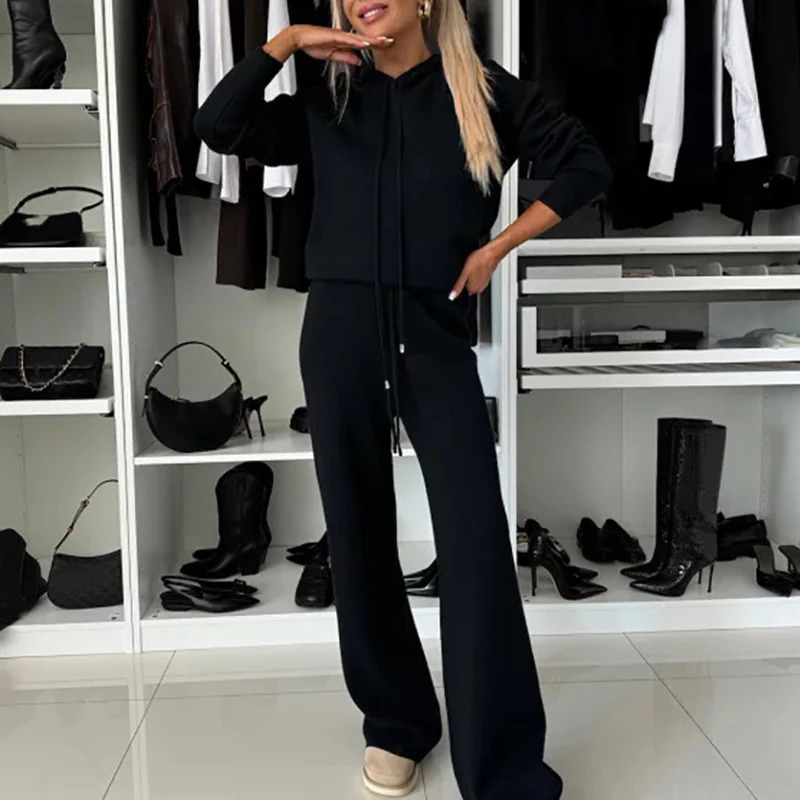 Winter Warm Womens Elegant Solid Color Lace Slimming Set Womens Long Sleeve Hooded TopPants Two Piece Set 240930