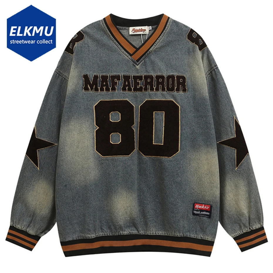Retro denim sweatshirt star embroidered oversized mens hoodie autumn Pulleys streetwear hip-hop oversized hoodie 241010
