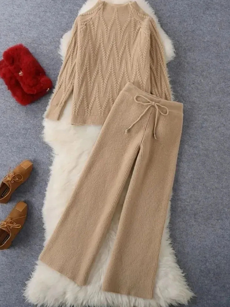 Winter and autumn knitted 2-piece set semi high neck warm sweater set wide leg loose pants set solid color soft Korean track and field suit 241010