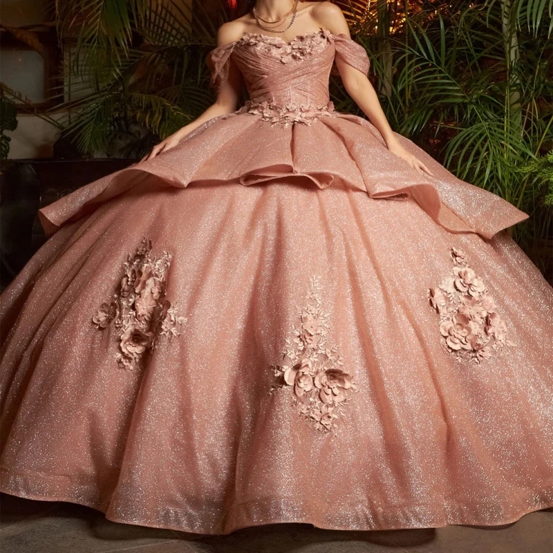Rose Gold Sparkly Quinceanera Dresses Off Shoulder Gillter Off Shoulder Applique Flower Corset Sweet 16 Dress Vestidos De Xv 15 Anos