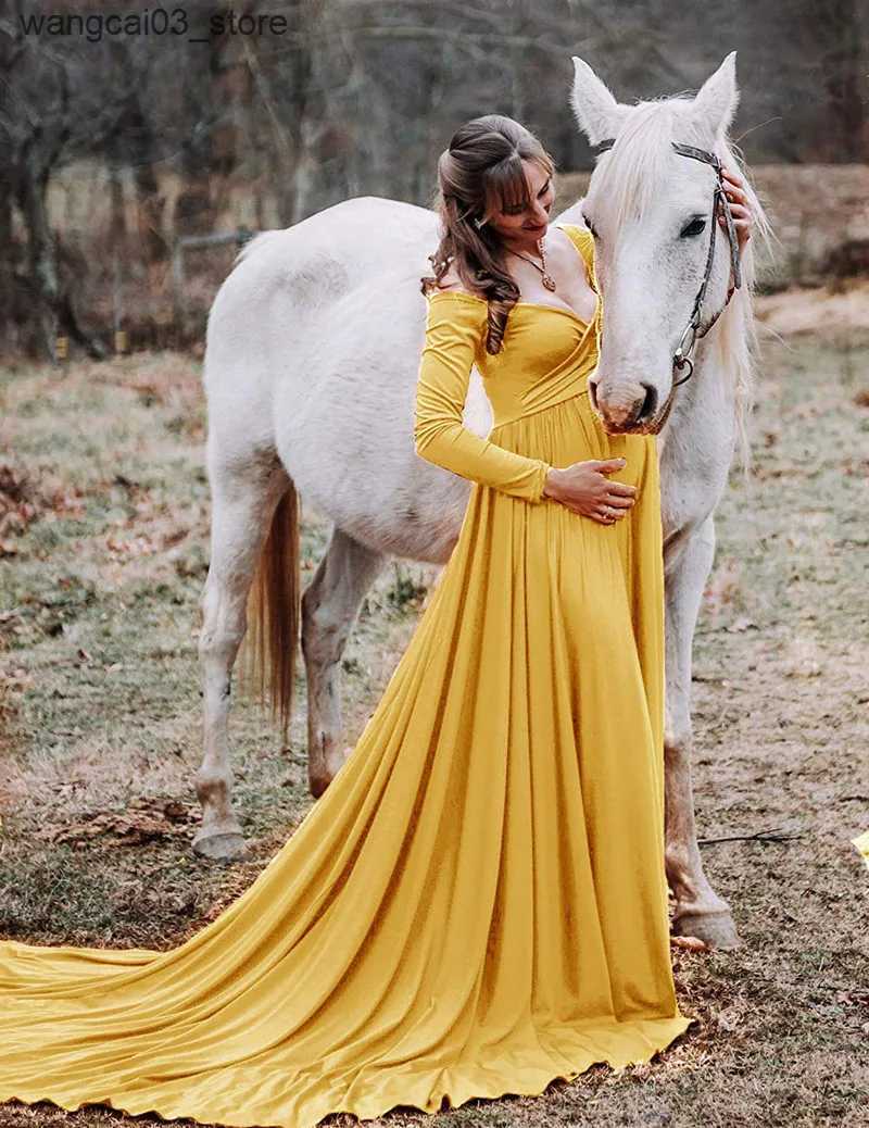 Maternity Dresses Long Tail Maternity Dresses Photography Props V-Neck Maxi Gown Cotton Dress Pregnant Women Pregnancy Autumn Photo Shoot Clothes L240