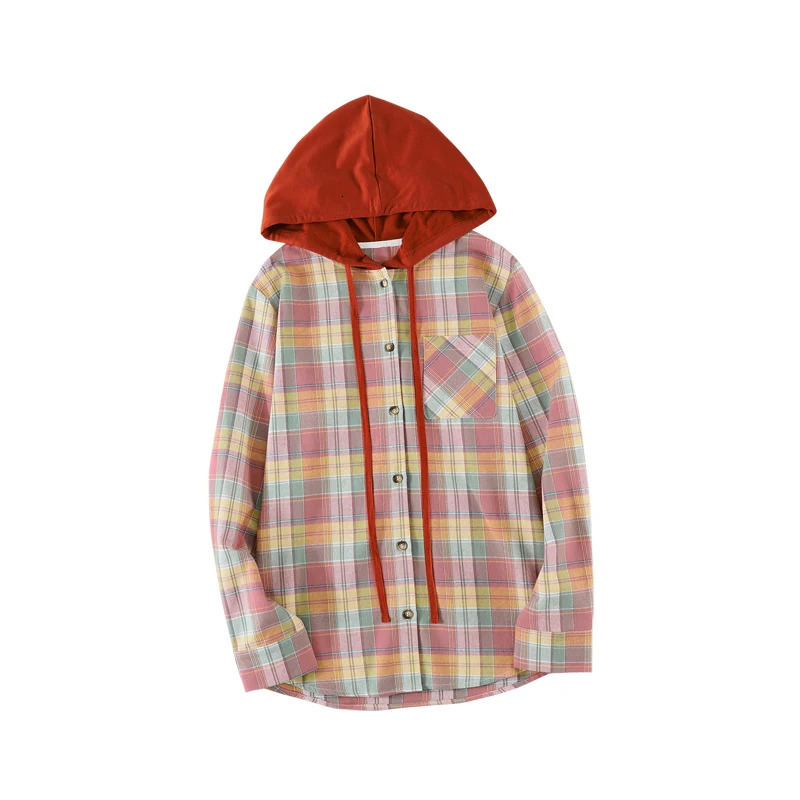 Women Autumn Hooded Collar Plaid Sweatshirt Drawstring Loose Casual Hoodies Button With Chest-pocket 240919