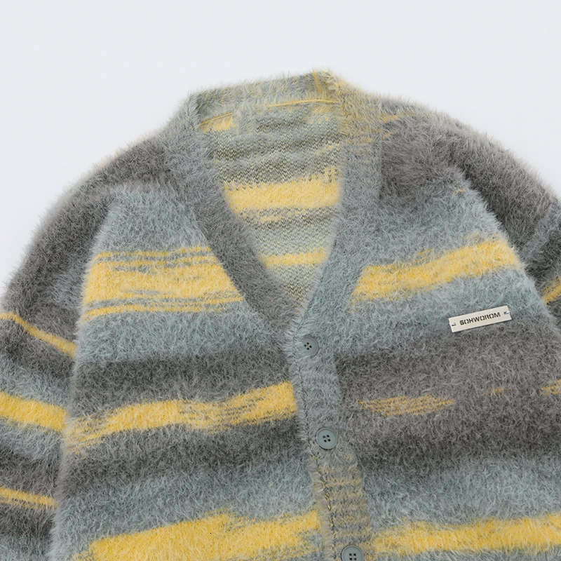 Harajuku black striped knitted cardigan mens retro Korean oversized er tie dye grandfather sweater womens Y2K 241007
