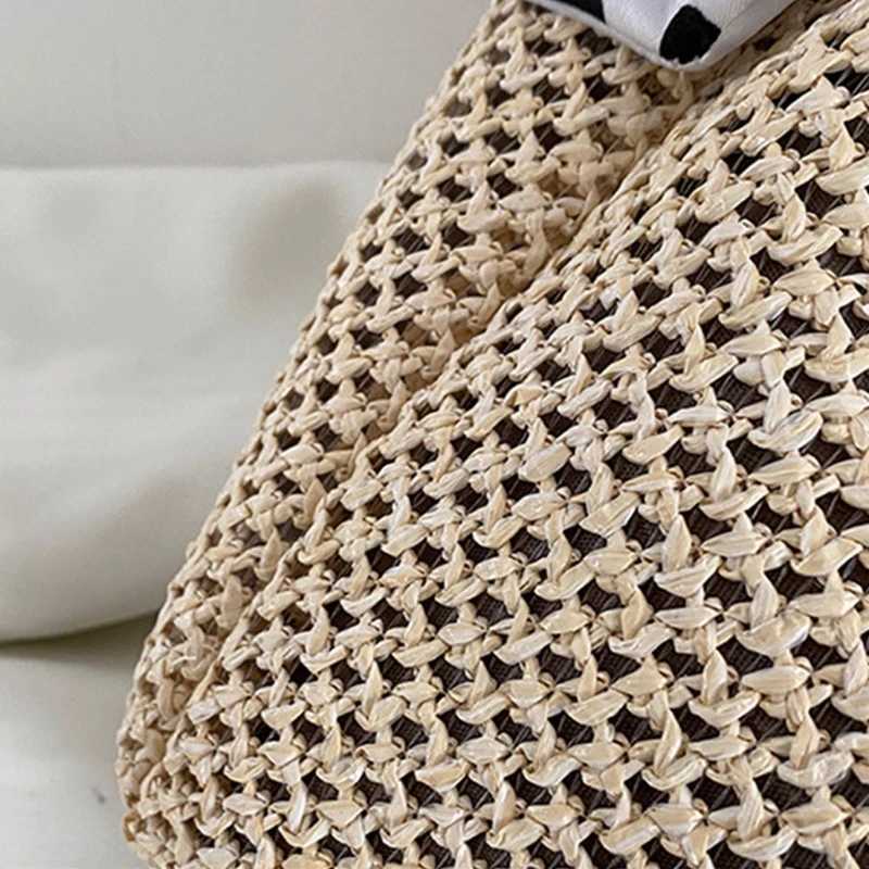 Large summer beach shoulder bag woven square with ribbon handle wallet Y241011