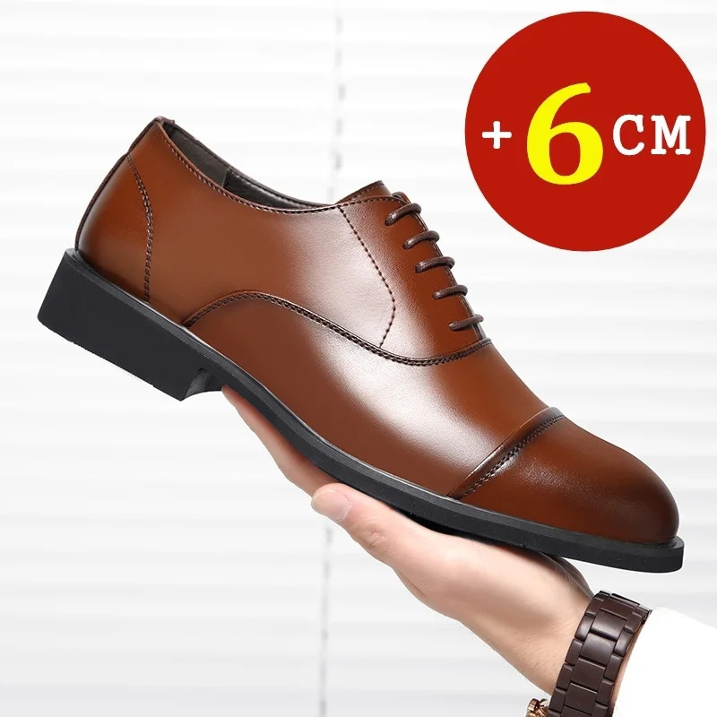 Mens elevator leather shoes mens height increasing dress shoes 6CM invisible mens wedding party office height increasing shoes 241007