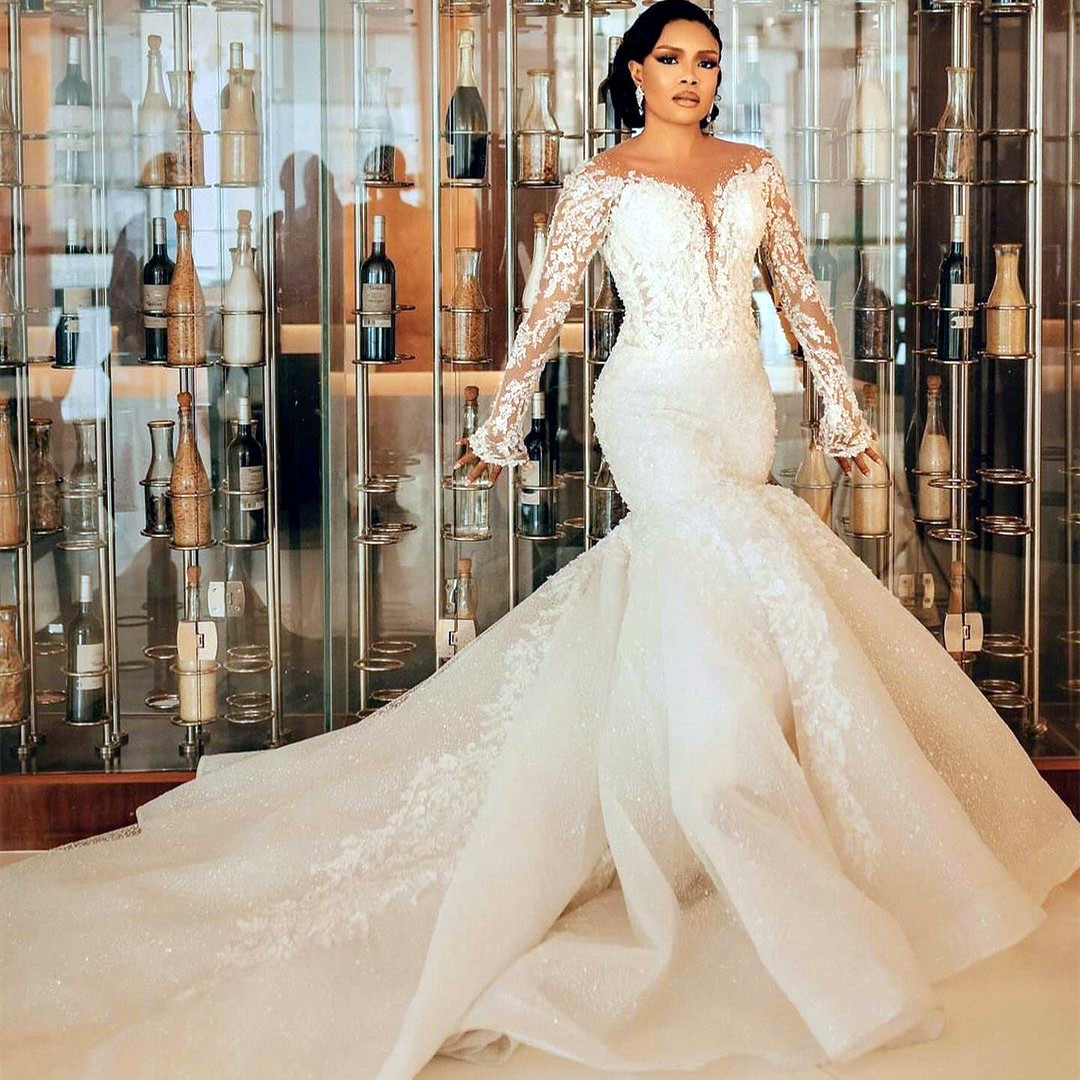 Aso Arabic Ebi Plus Size Ivory Mermaid Wedding Dresses Full Sleeves Lace Beaded Vintage Elegant Bridal Gowns Dress ZJ