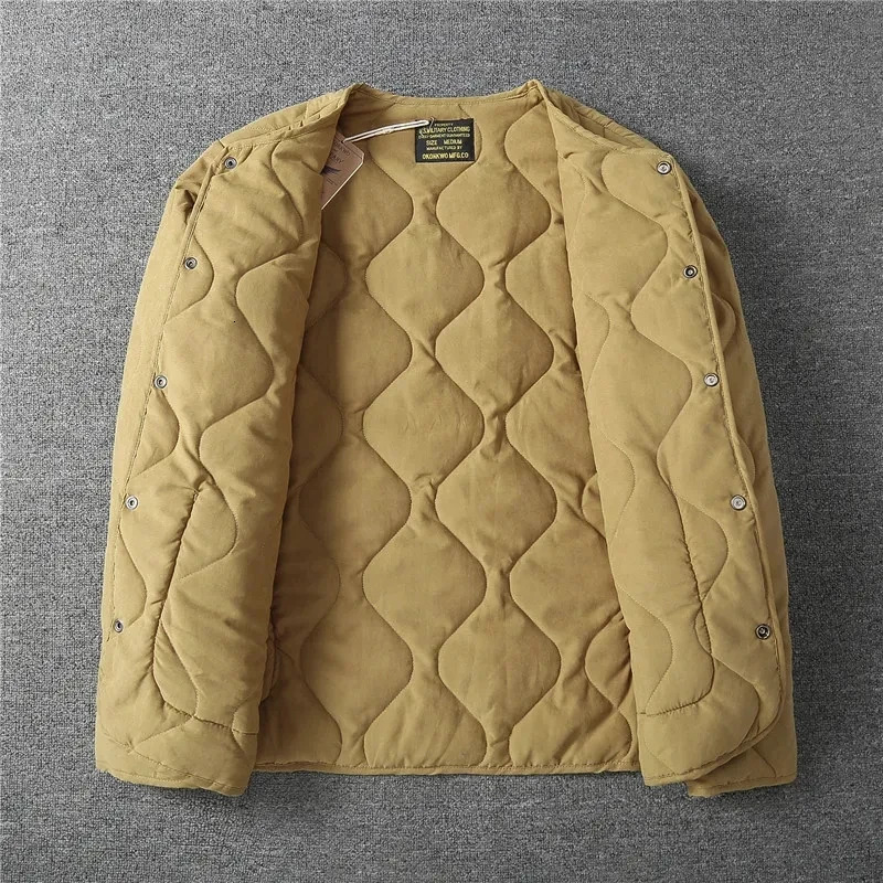 Retro Quilted Jacket Men Winter Collarless Cotton Padded Coat M65 Liner Lightweight Casual Loose Japanese Outwear Highquality 241011
