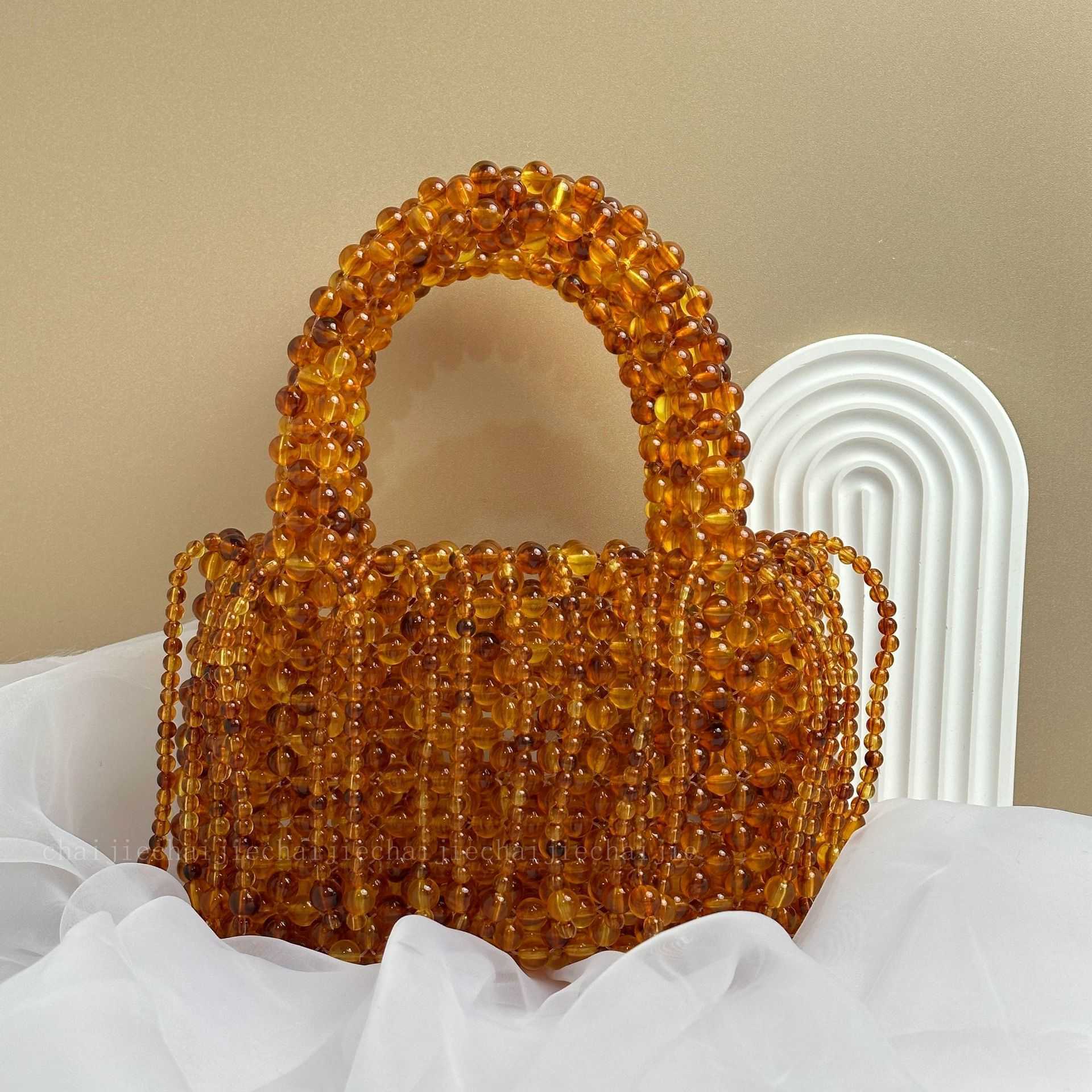 tone Amber Acrylic Cat Eye Bead Tassel Handmade Beaded Woven Bag Handbag 241015