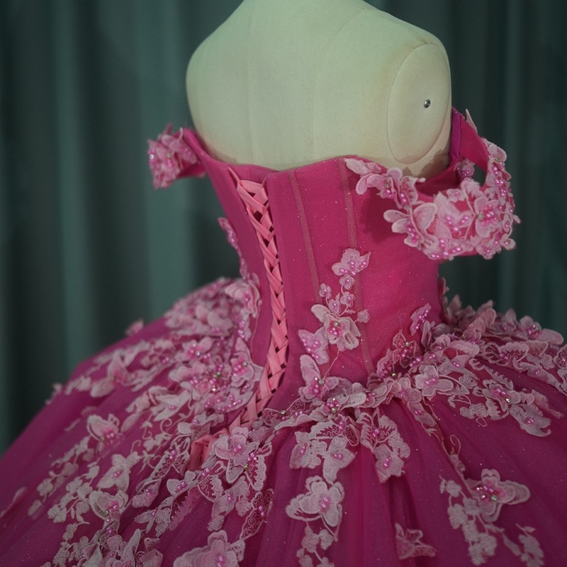 Rose Red Shiny Princess Quinceanera Dresses Off The Shoulder Bow Beads Tull Corset Chapel Train Mexico Vestido xv 15 Anos Sweet 16 Dress